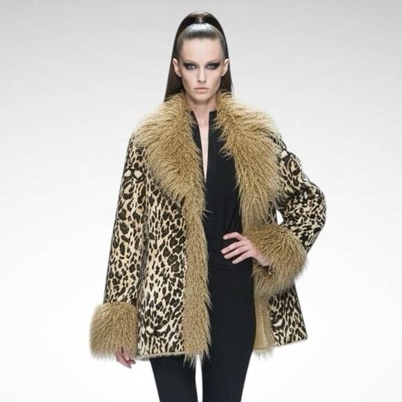 Vintage Lew Magram Faux Fur Leopard Coat Womens 16 Brown Shaggy Mob Wife Core - Picture 1 of 7